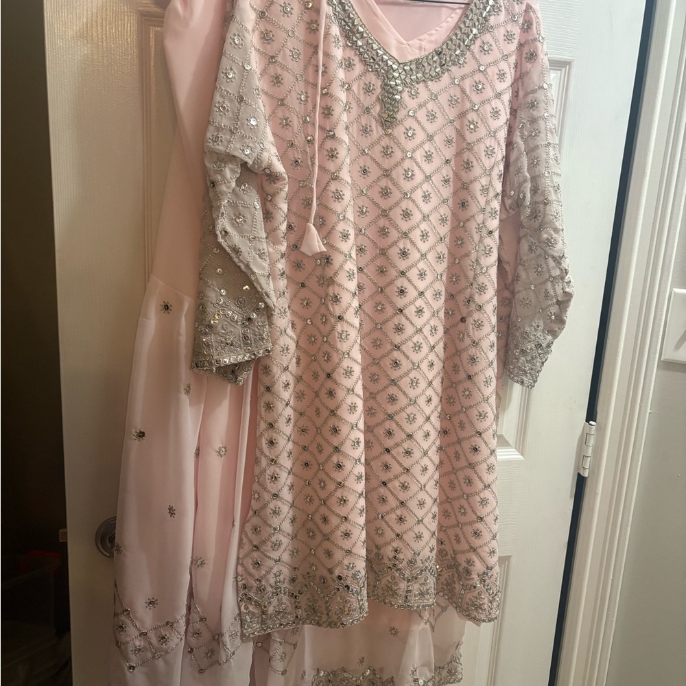 Pink and Silver Embellished Indian Kurta suit Worn Once